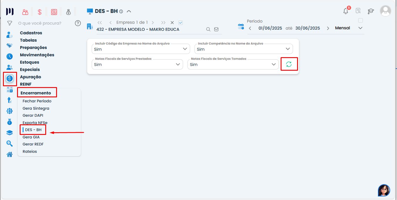 Tela de encerramento fiscal no Sistema Contábil Makro com opção DES BH destacada e botão de geração do Arquivo DES BH selecionado.