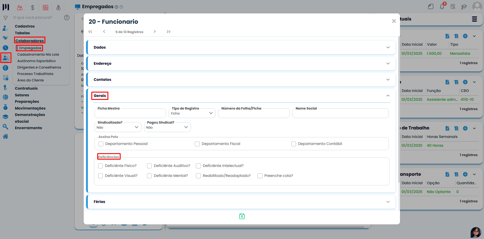 Tela do Sistema Contábil Makro em cadastro de empregados, aba gerais com opções de Pessoa com deficiência para seleção de tipos no registro