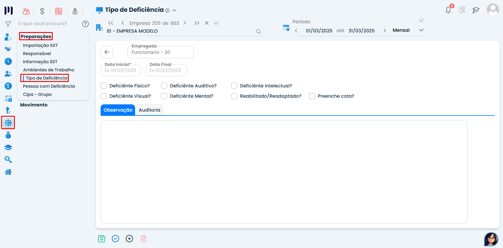 Tela do Sistema Contábil Makro em tipo de deficiência no módulo SESMT com opções de Pessoa com deficiência para atualização cadastral