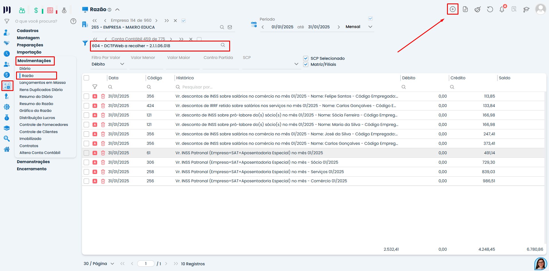 Tela do Sistema Contábil Makro no módulo Razão exibindo conta DCTFWeb a recolher com lançamentos detalhados e filtro aplicado para conferência da Guia de DCTFWeb.
