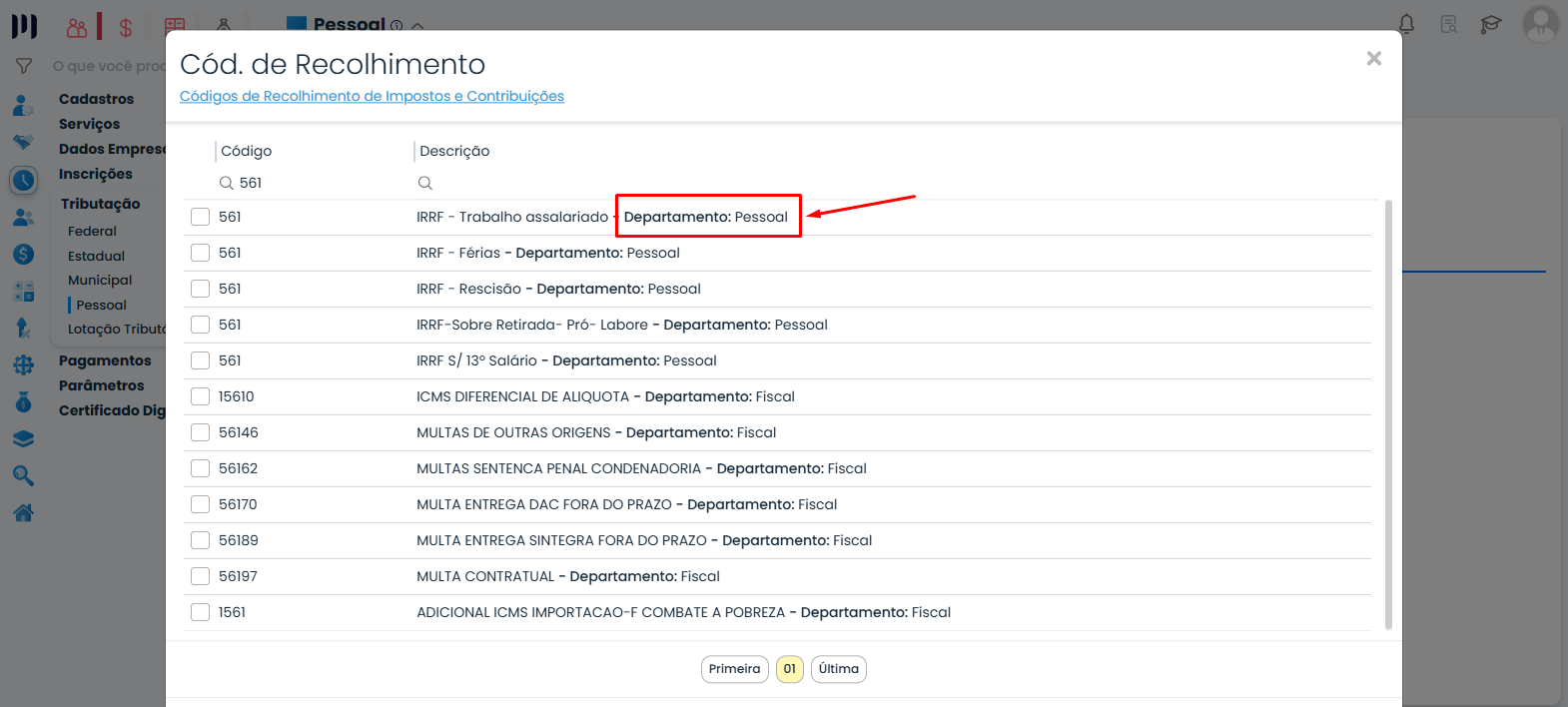 Lista de códigos de recolhimento no Sistema Contábil Makro com destaque para departamento pessoal no ajuste de guia de IRRF