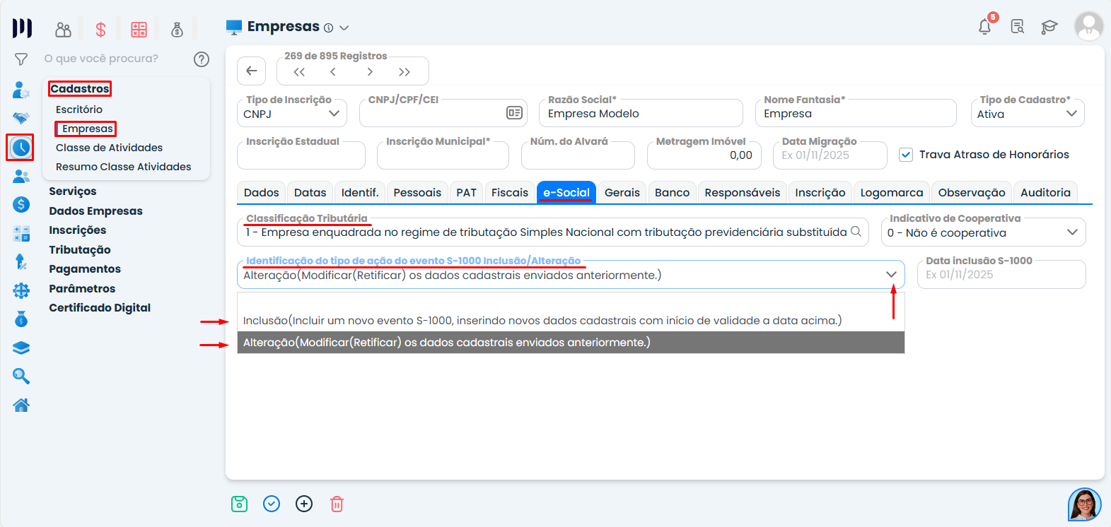 Cadastro de empresas no Sistema Contábil Makro com campo de classificação tributária e seleção do evento S-1000 para alteração cadastral