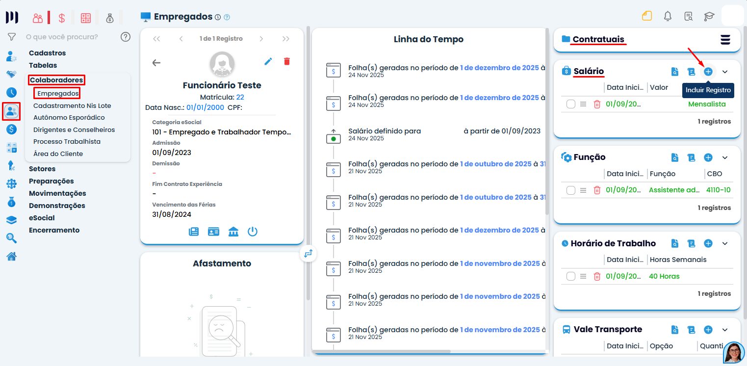 Tela do Sistema Contábil Makro na aba colaboradores mostrando acesso ao cadastro de salário com opção incluir registro destacada