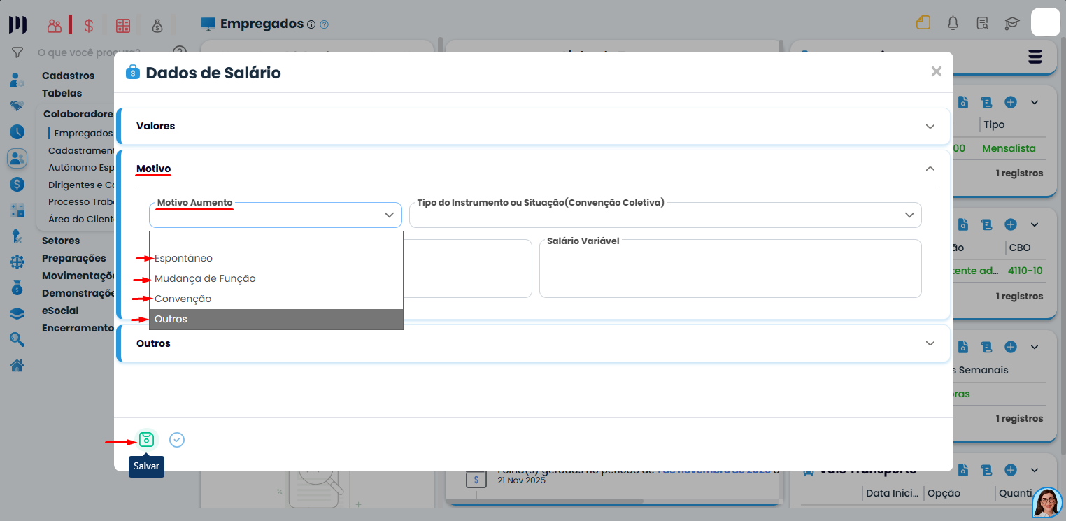 Janela de dados de salário no Sistema Contábil Makro exibindo campo motivo aumento no cadastro de salário com opções selecionáveis