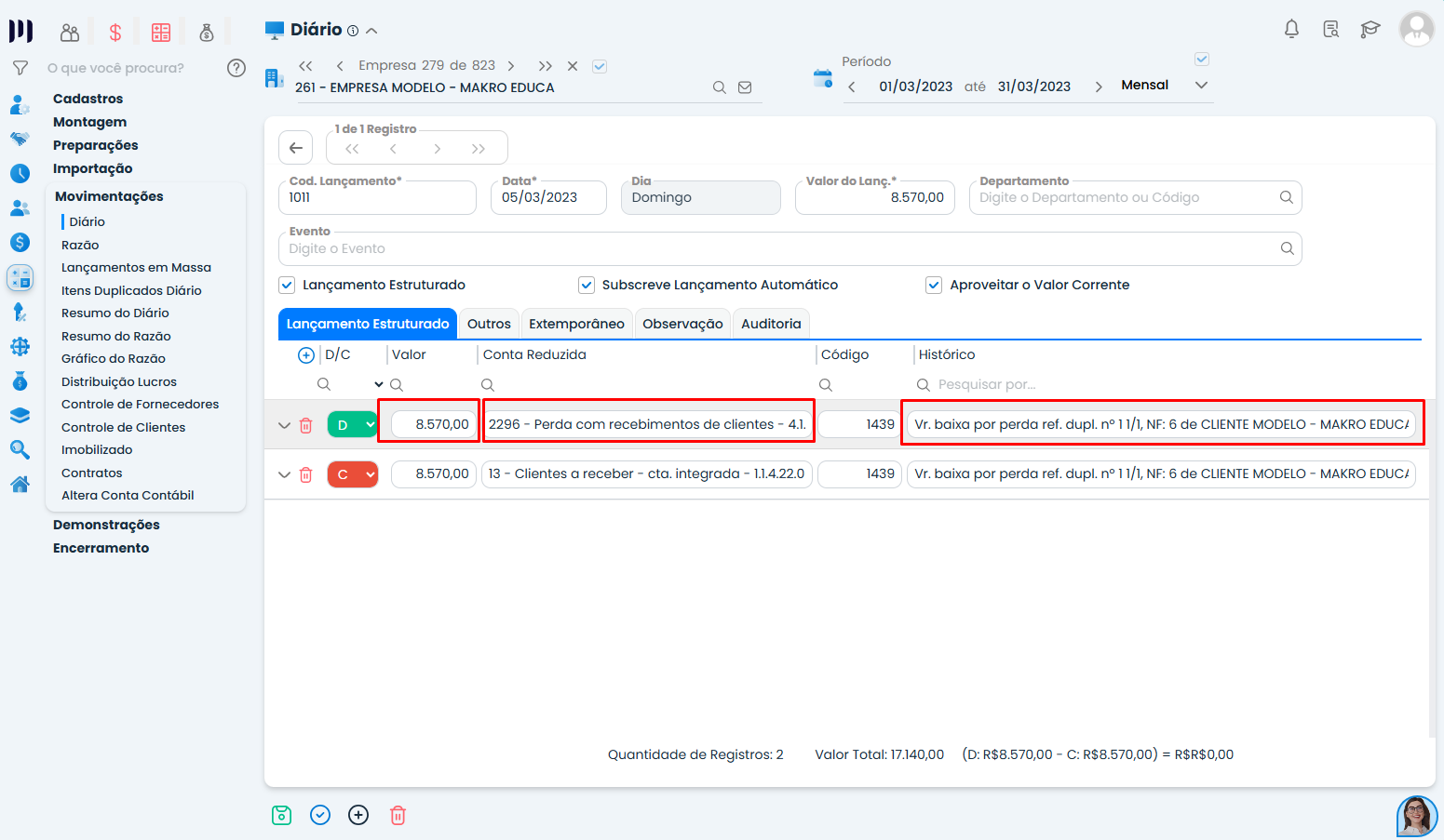Visualização do razão no Sistema Contábil Makro com valores e histórico da Baixa de Perda de Recebimentos de Duplicatas confirmados.