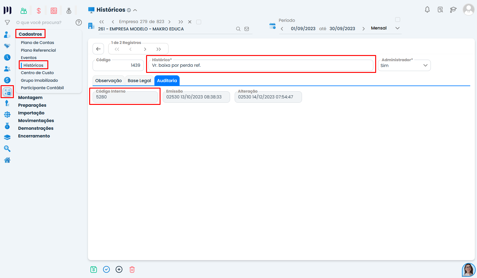 Cadastro de histórico contábil no Sistema Contábil Makro com código interno para Baixa de Perda de Recebimentos de Duplicatas configurado.