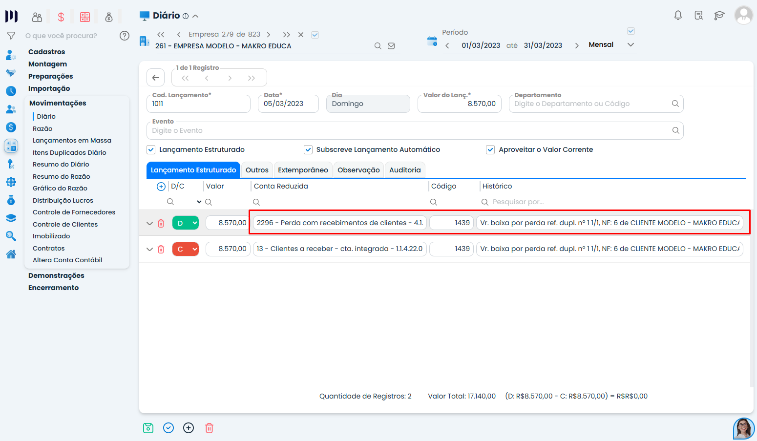 Lançamento contábil gerado no Sistema Contábil Makro com histórico e conta na Baixa de Perda de Recebimentos de Duplicatas.