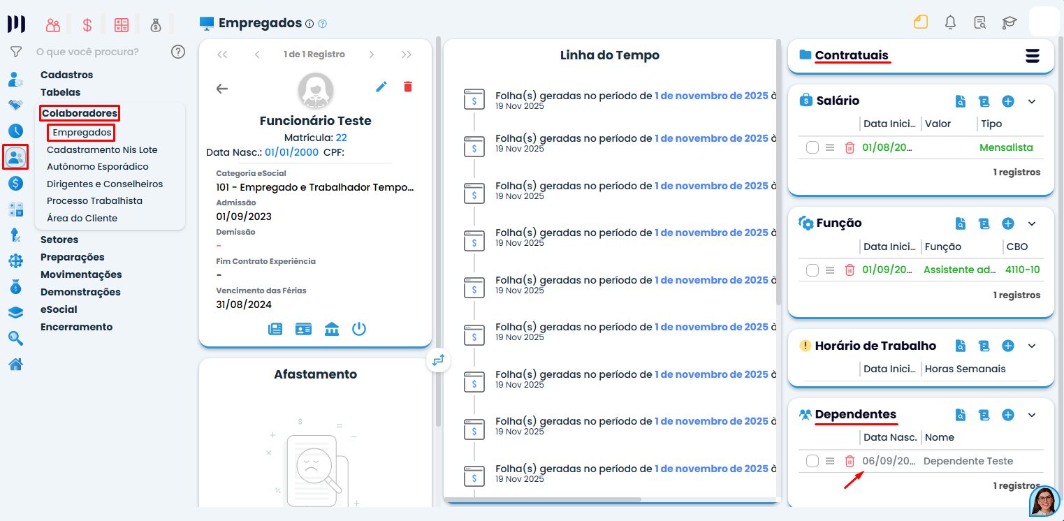 Tela do Sistema Contábil Makro exibindo menu Colaboradores e Empregados para acesso ao cadastro e realizar baixa de dependente no IRRF