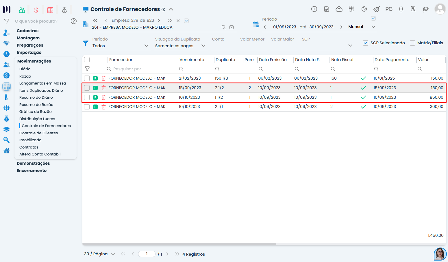 Controle de fornecedores no Sistema Contábil Makro com parcelas destacadas evidenciando valores da duplicata da nota de compra.
