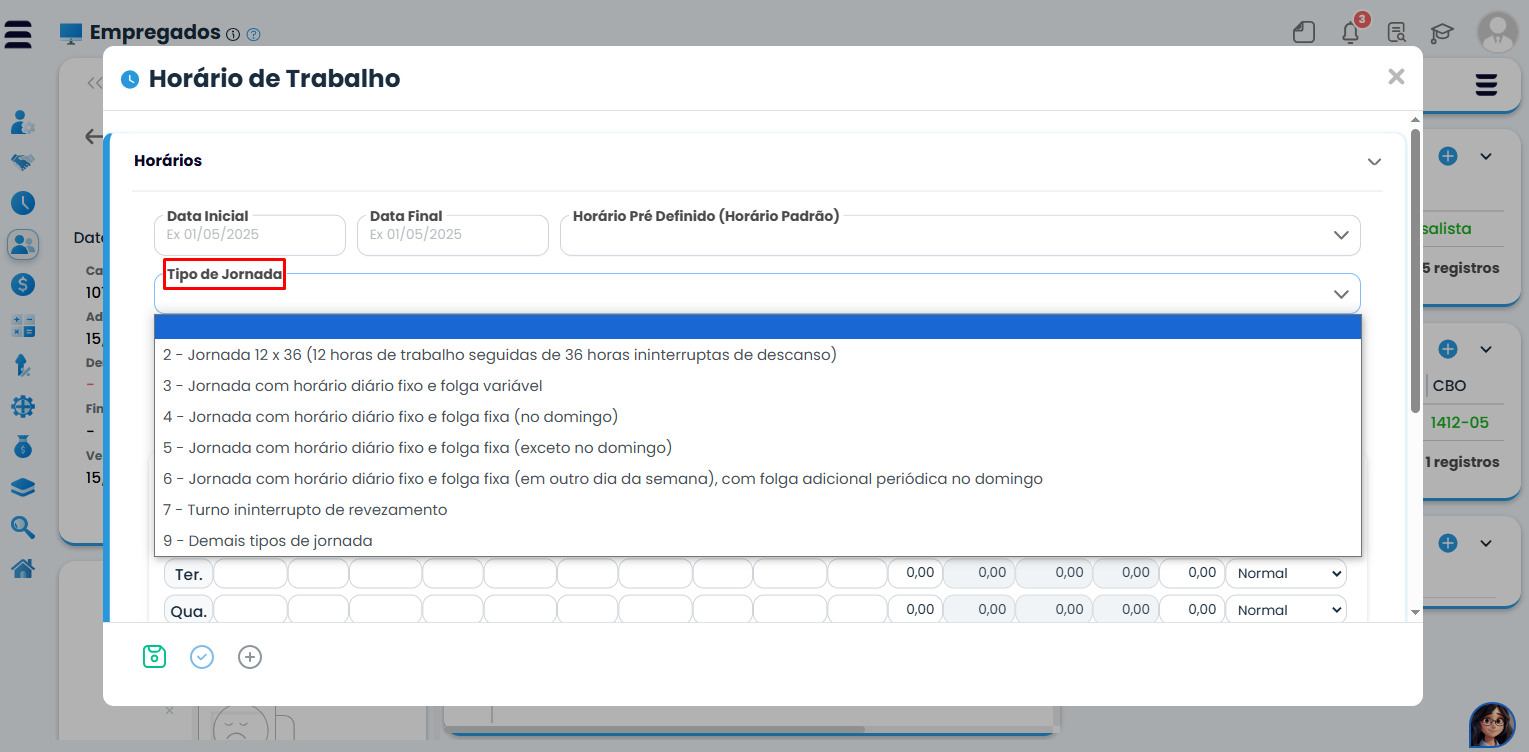 Seleção do tipo de jornada no Sistema Contábil Makro destacando opção Jornada 12x36 com 12 horas de trabalho e 36 horas de descanso