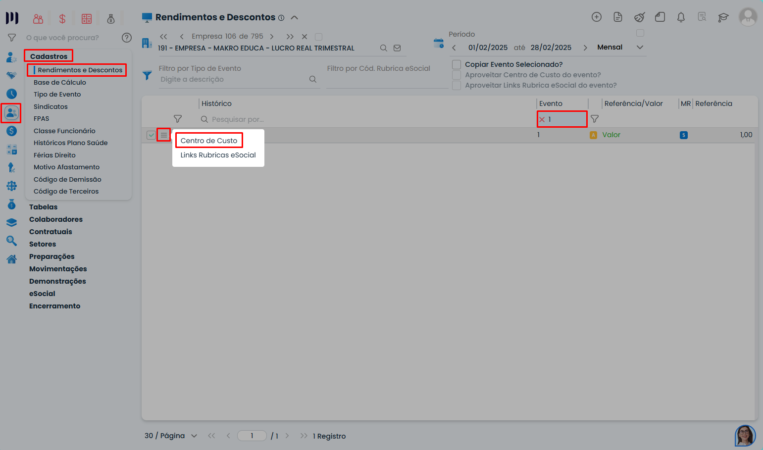Acesso ao menu Rendimentos e Descontos no Sistema Contábil Makro destacando opção Centro de Custo para cadastro de centro de custo para evento da folha