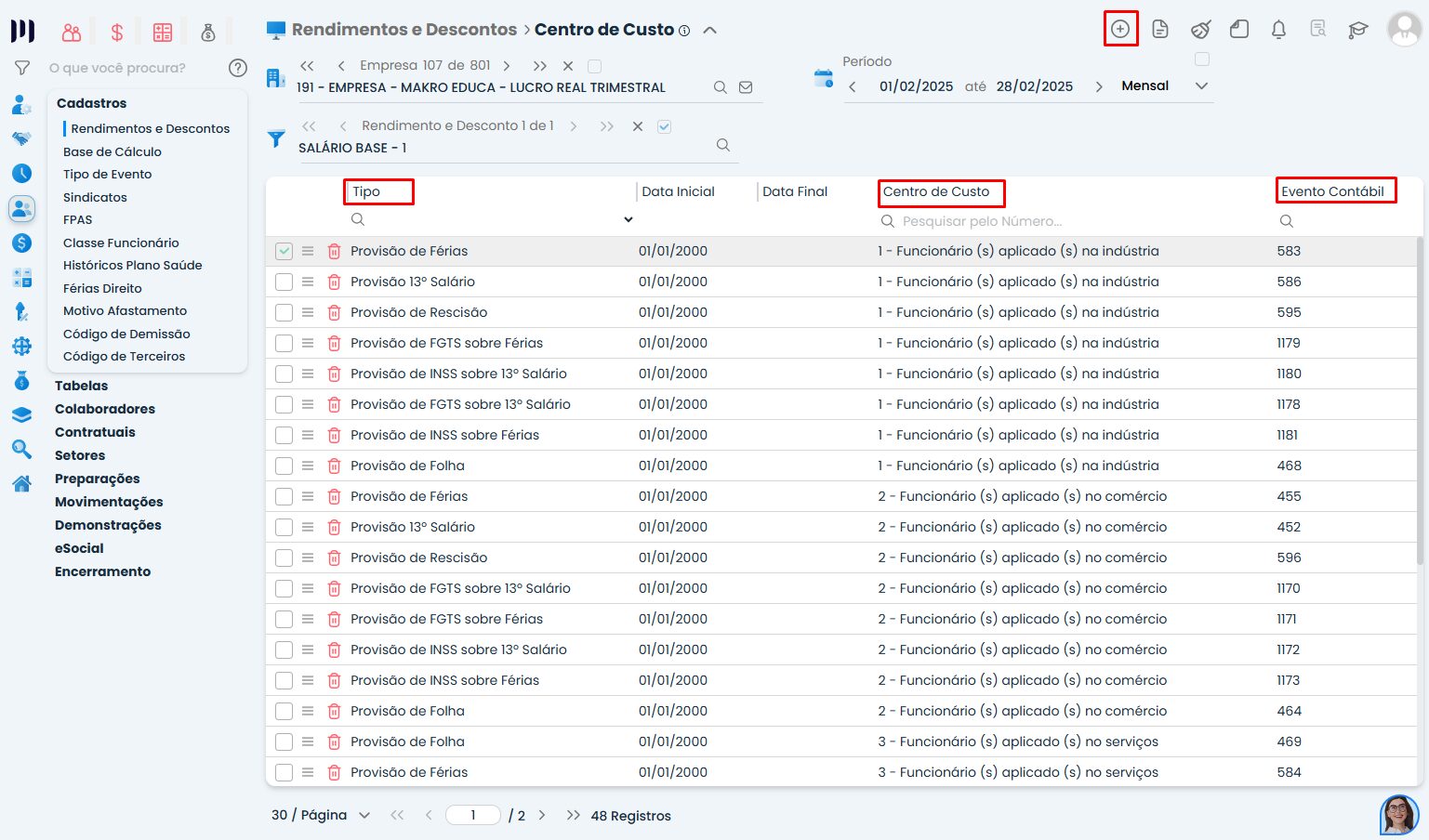 Listagem de centros de custo vinculados a eventos no Sistema Contábil Makro com colunas tipo centro de custo e evento contábil no cadastro de centro de custo para evento da folha