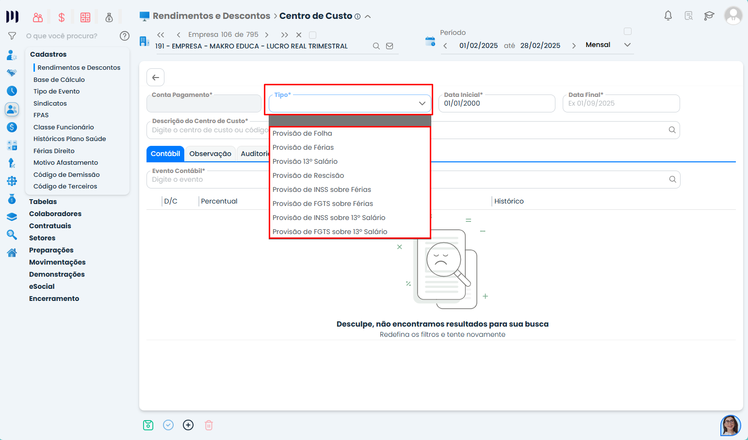Tela de inclusão de centro de custo no Sistema Contábil Makro com seleção de tipos como provisão de folha férias e 13º no cadastro de centro de custo para evento da folha