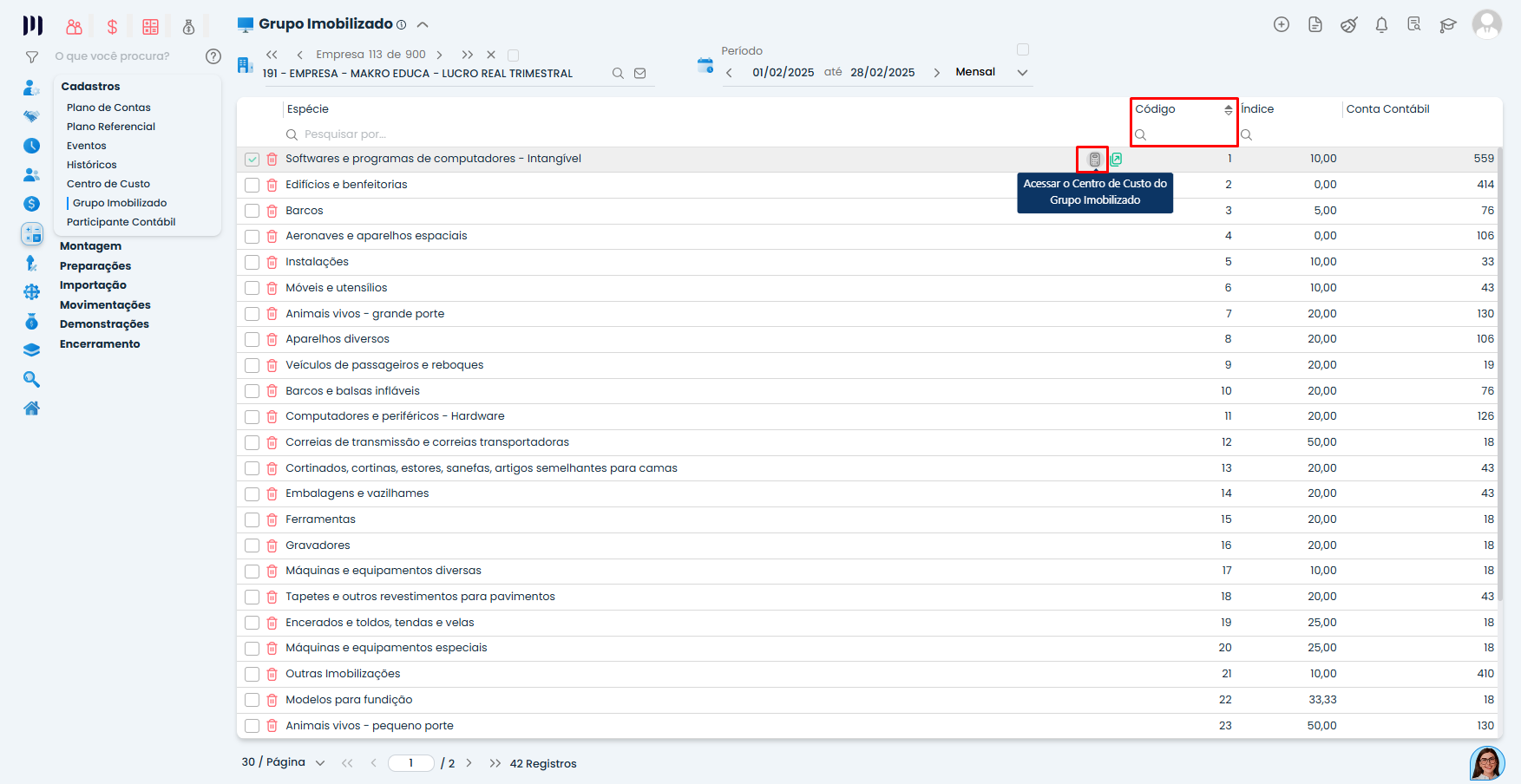 Interface do Sistema Contábil Makro com listagem de grupos e campo código destacado para localizar grupo imobilizado rapidamente no sistema