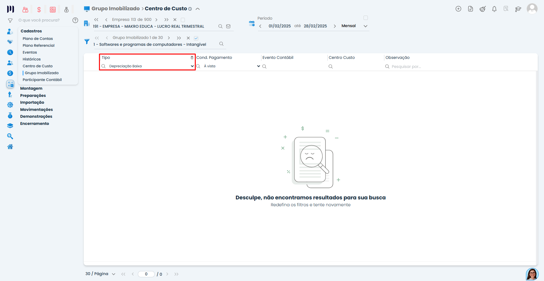 Tela do Sistema Contábil Makro de centro de custo com filtro tipo aplicado para grupo imobilizado sem resultados exibidos na busca