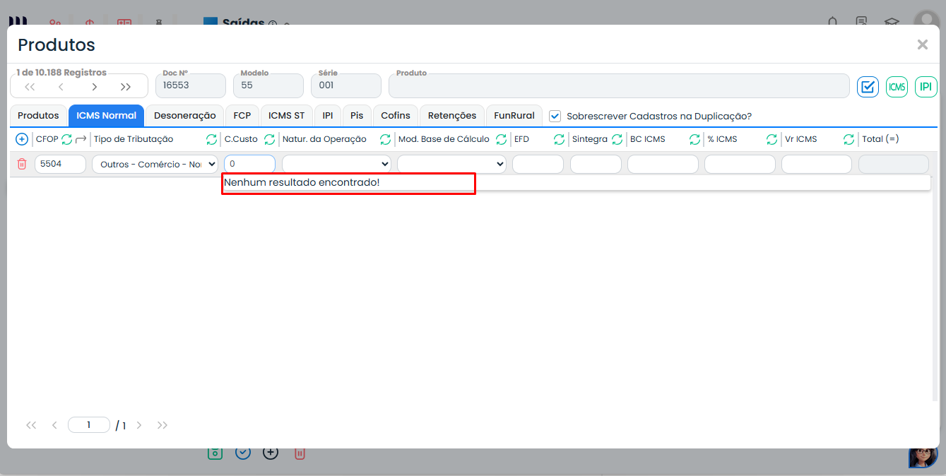 Tela do Sistema Contábil Makro exibindo erro nenhum resultado encontrado ao selecionar centro de custo na nota fiscal, relacionado ao Cadastro de Centro de Custo por CFOP