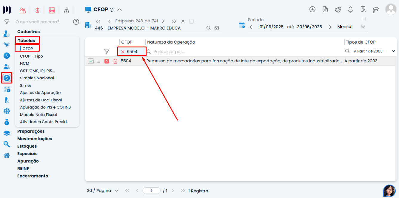 Tela do Sistema Contábil Makro com menu Fiscal aberto em Tabelas e pesquisa de CFOP 5504 destacada, etapa do Cadastro de Centro de Custo por CFOP no sistema