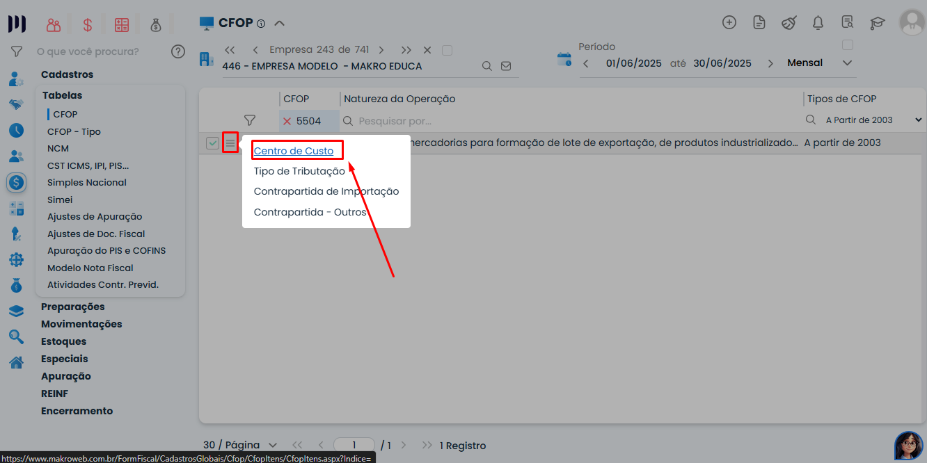 Tela do Sistema Contábil Makro exibindo opções do CFOP com destaque para submenu Centro de Custo CFOP acessado pelos três risquinhos.