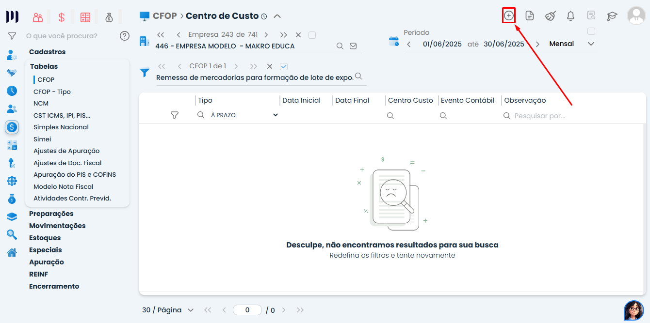 Tela do Sistema Contábil Makro na área de Centro de Custo CFOP sem registros com botão incluir destacado para novo cadastro vinculado.