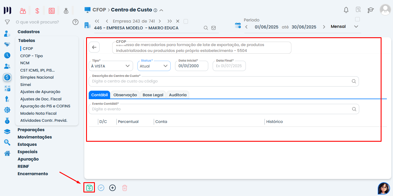 Tela do Sistema Contábil Makro com formulário de centro de custo e botão salvar destacado, etapa final do Cadastro de Centro de Custo por CFOP no sistema
