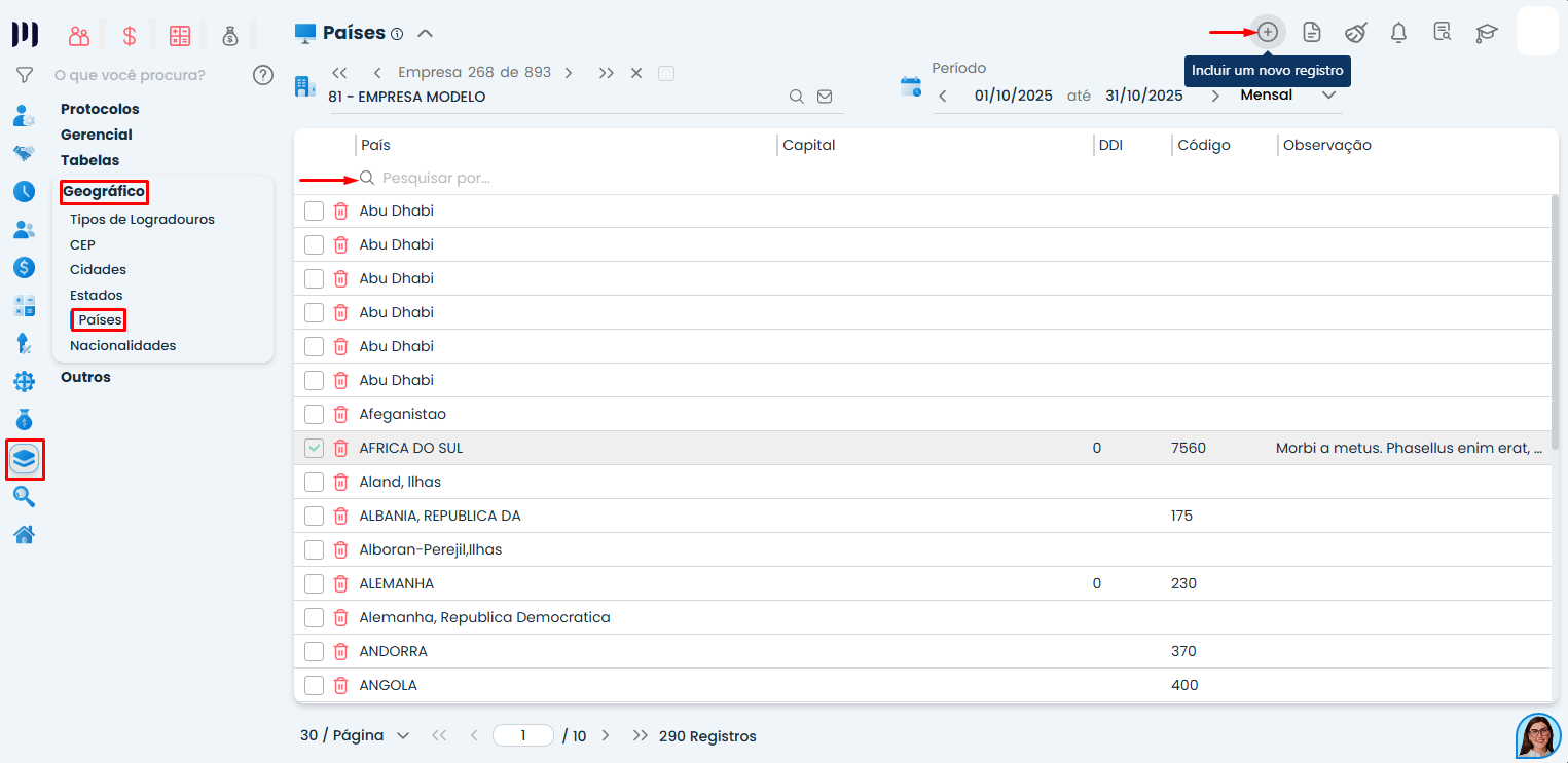 Tela do Sistema Contábil Makro exibindo menu Geográfico em Países para cadastro de estrangeiro com opção de incluir novo registro destacada