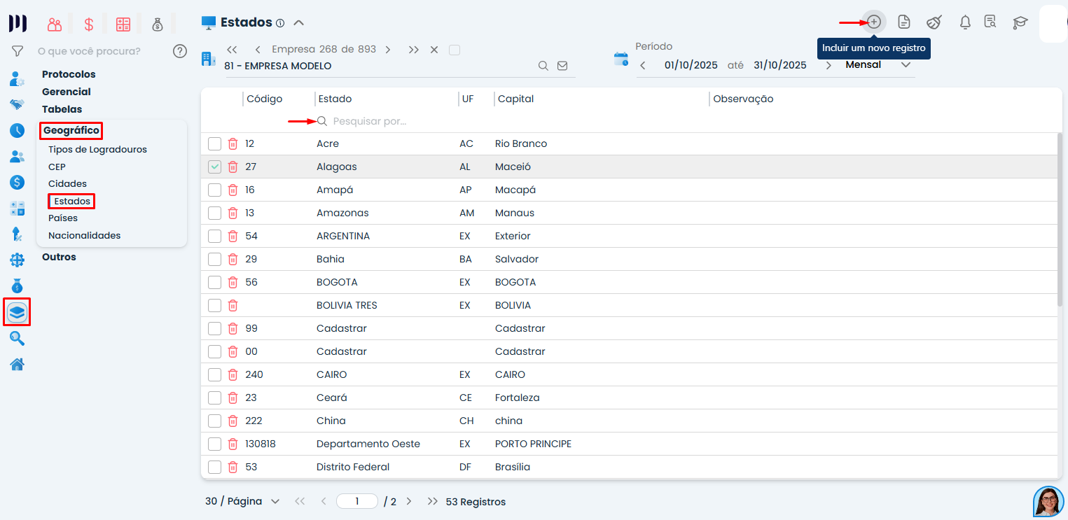 Interface do Sistema Contábil Makro na seção Estados mostrando lista cadastrada e botão incluir novo registro para cadastro de estrangeiro