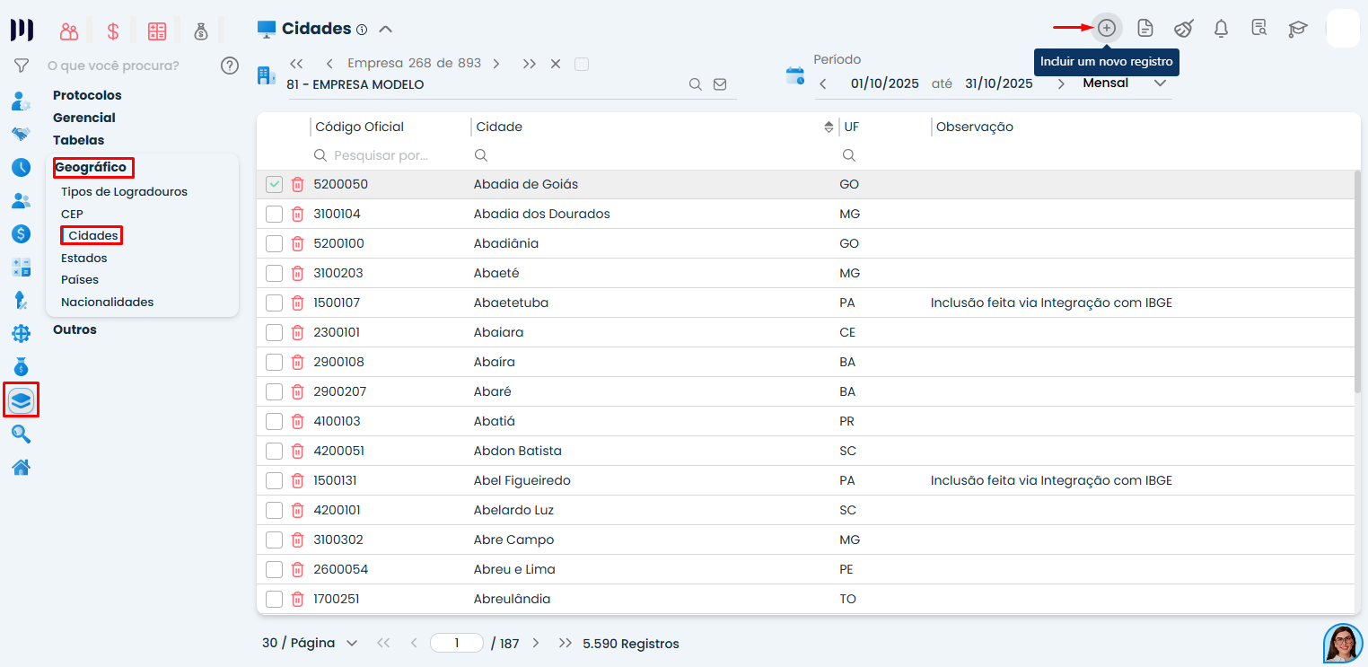 Tela de cidades no Sistema Contábil Makro com listagem e opção de incluir novo registro usada no cadastro de estrangeiro no sistema