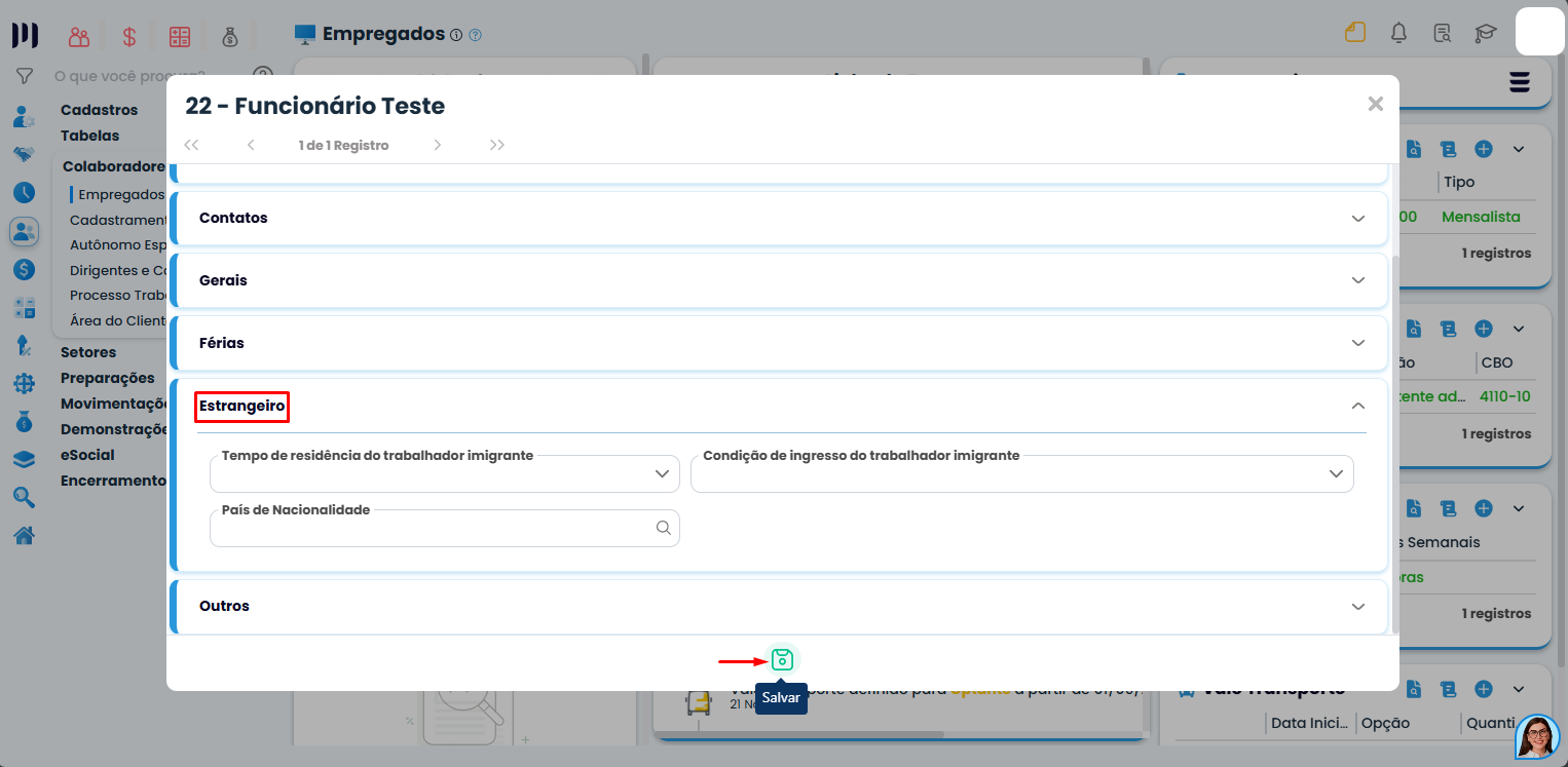 Aba estrangeiro no Sistema Contábil Makro com campos de nacionalidade e condição migratória para cadastro de estrangeiro no sistema