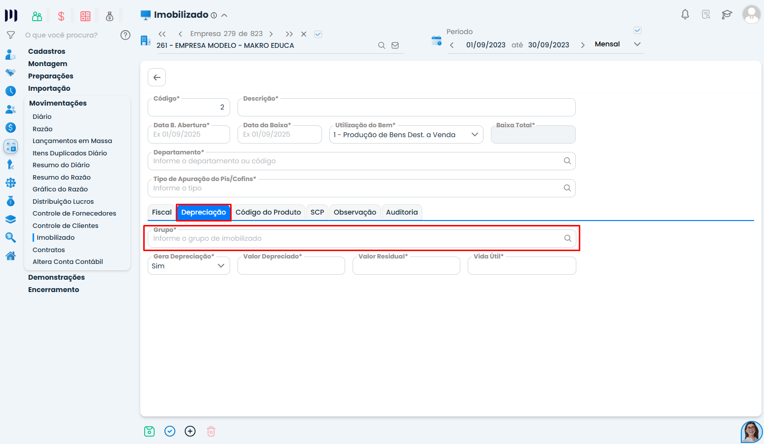 Aba de depreciação no Sistema Contábil Makro com seleção de grupo de imobilizado para cadastro de imobilizados e cálculo automático da taxa.