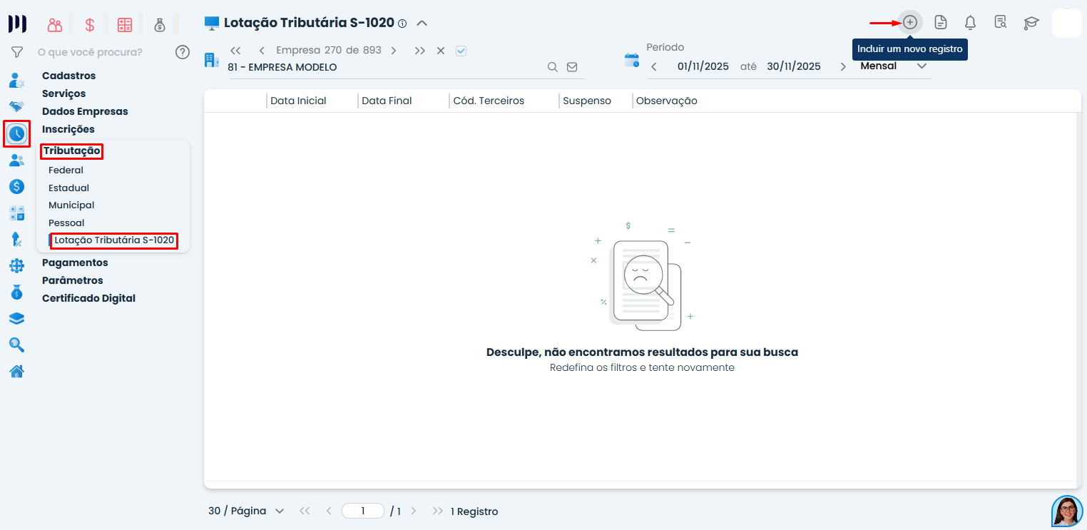 Tela do Sistema Contábil Makro exibindo menu de Tributação e acesso à Lotação Tributária S-1020 com botão de novo registro destacado