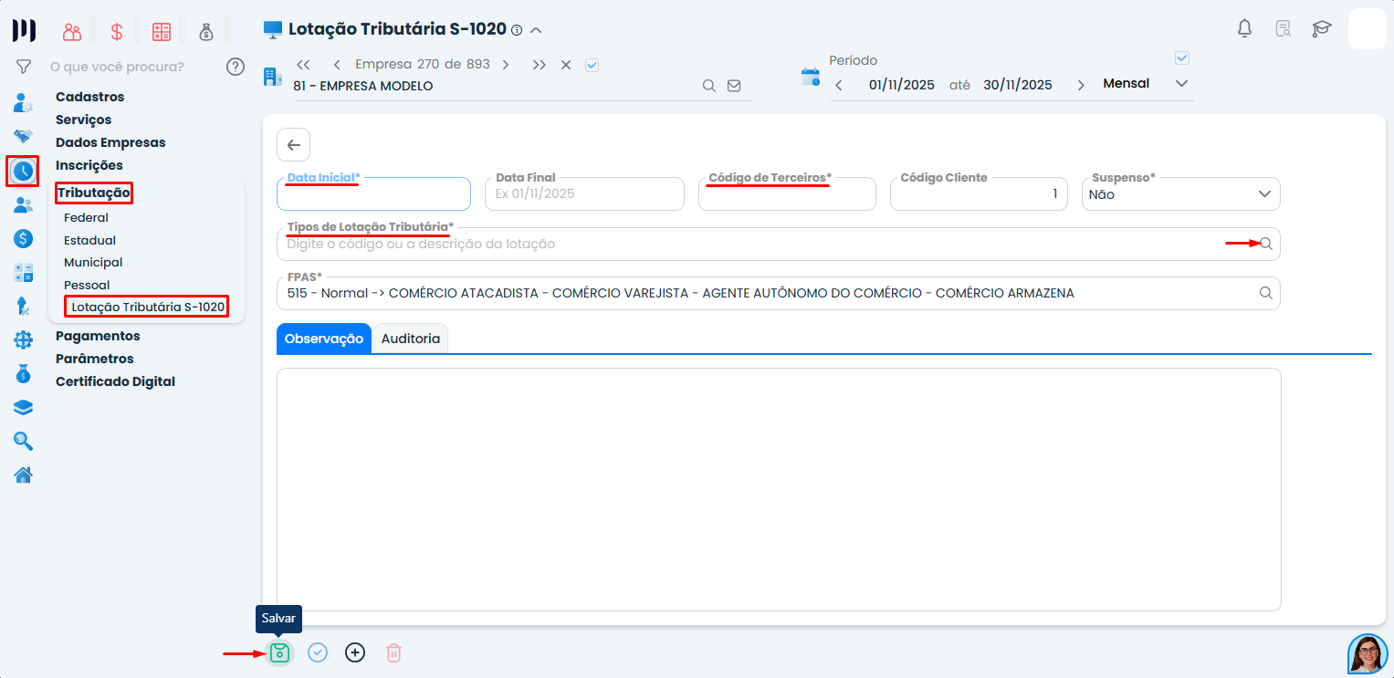 Formulário no Sistema Contábil Makro para preenchimento da Lotação Tributária S-1020 com campos como data inicial, tipo e código de terceiros