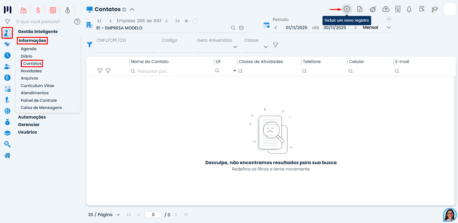 Tela do Sistema Contábil Makro exibindo menu Informações e Contatos para iniciar o cadastro de médico, com destaque para navegação lateral e filtros