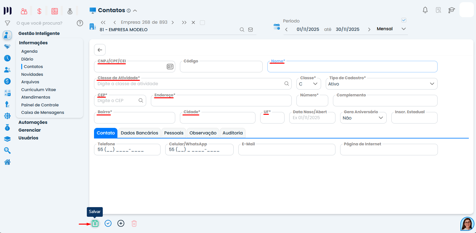 Formulário do Sistema Contábil Makro com campos de cadastro de médico como nome, classe, endereço e tipo de cadastro destacados para preenchimento