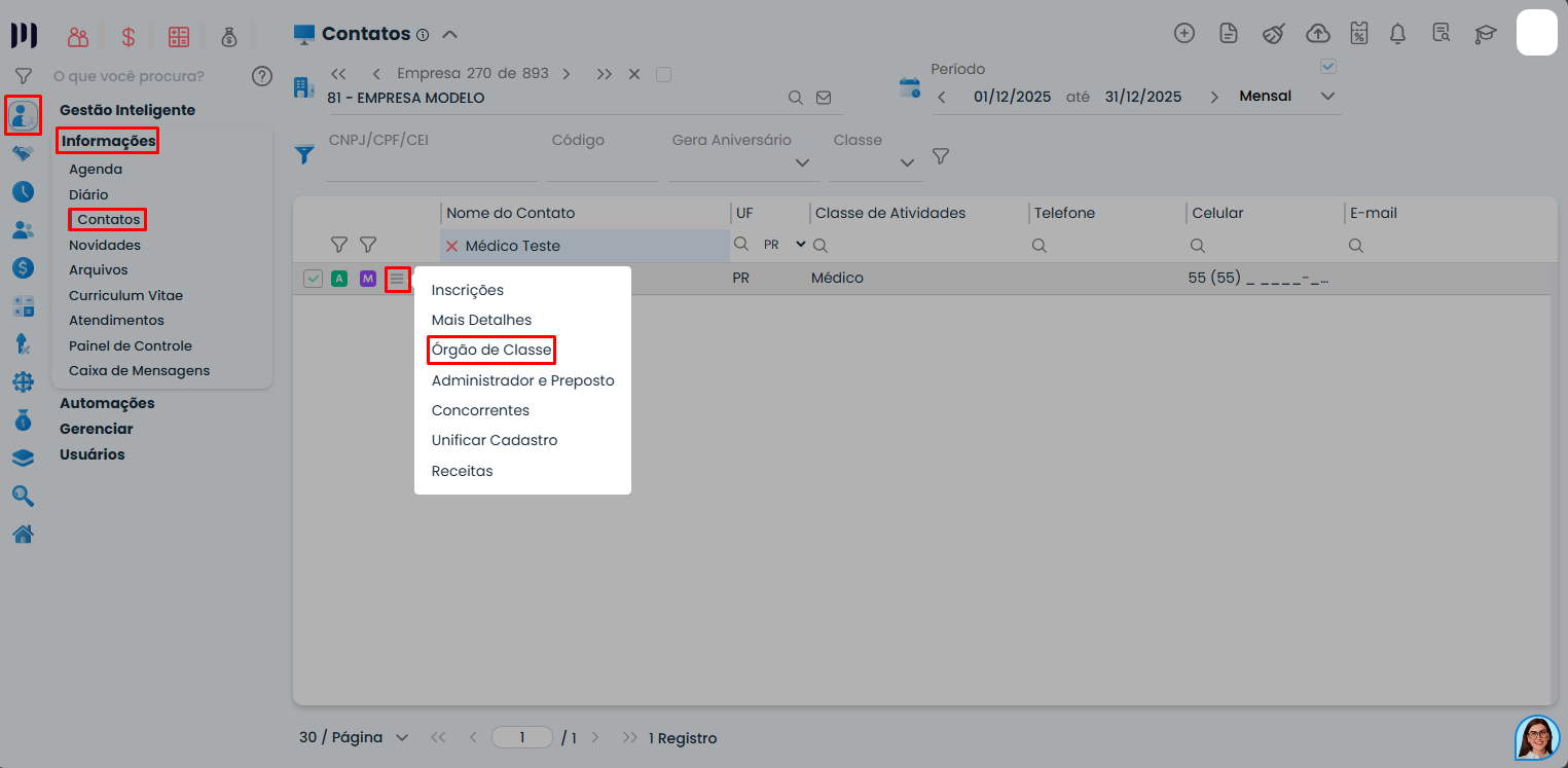 Sistema Contábil Makro mostrando opções do contato com destaque para órgão de classe no processo de cadastro de médico e vínculo profissional