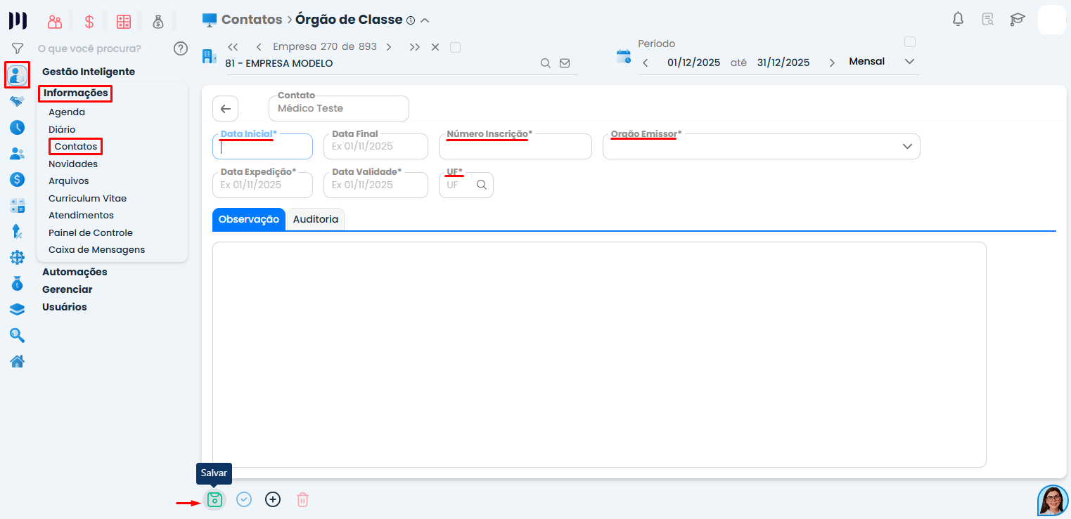 Tela do Sistema Contábil Makro para inserir dados do órgão de classe no cadastro de médico com campos como número, UF e data inicial destacados