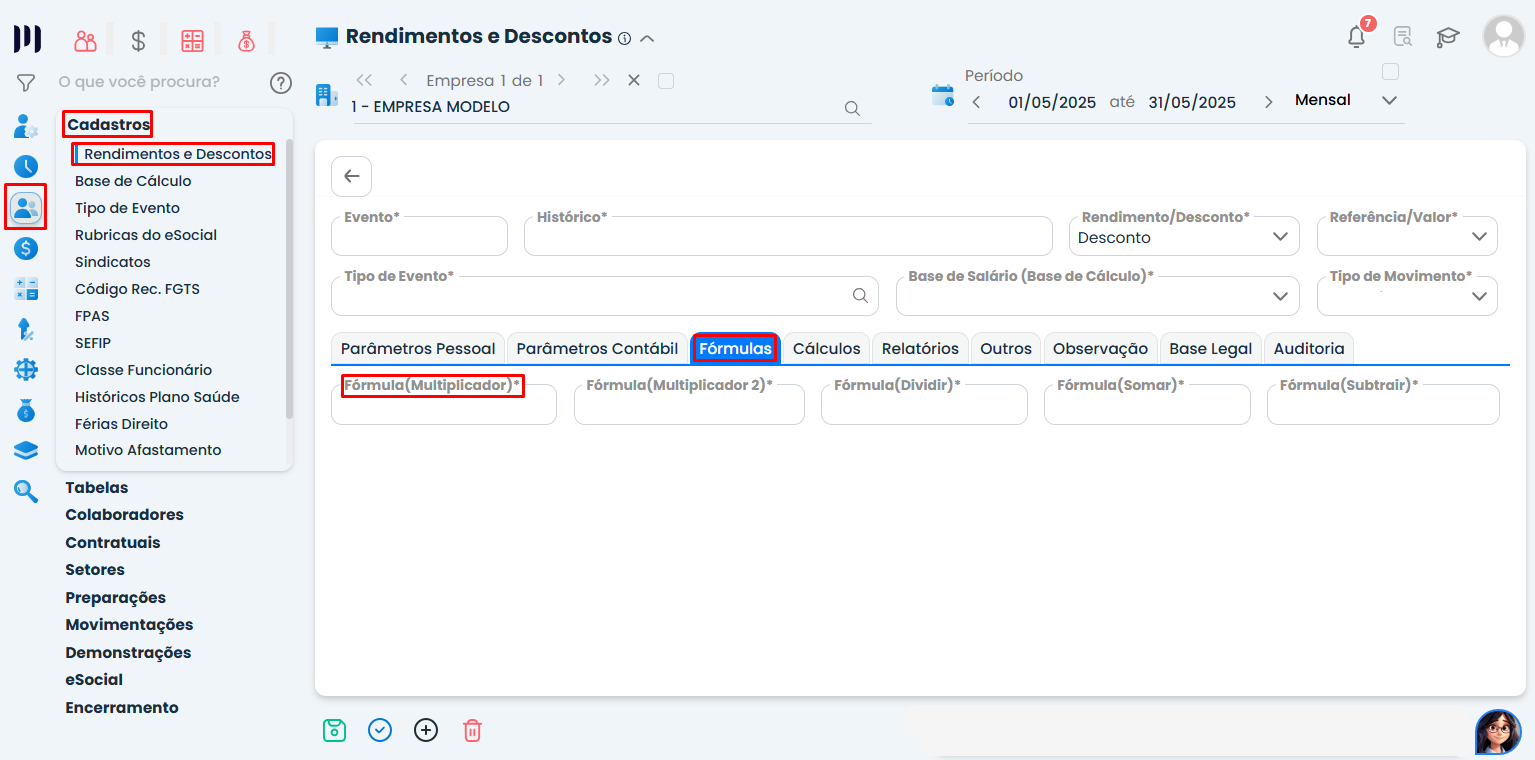 Tela do Sistema Contábil Makro na aba fórmulas destacando campo multiplicador para cálculo de pensão alimentícia com ajuste de percentual