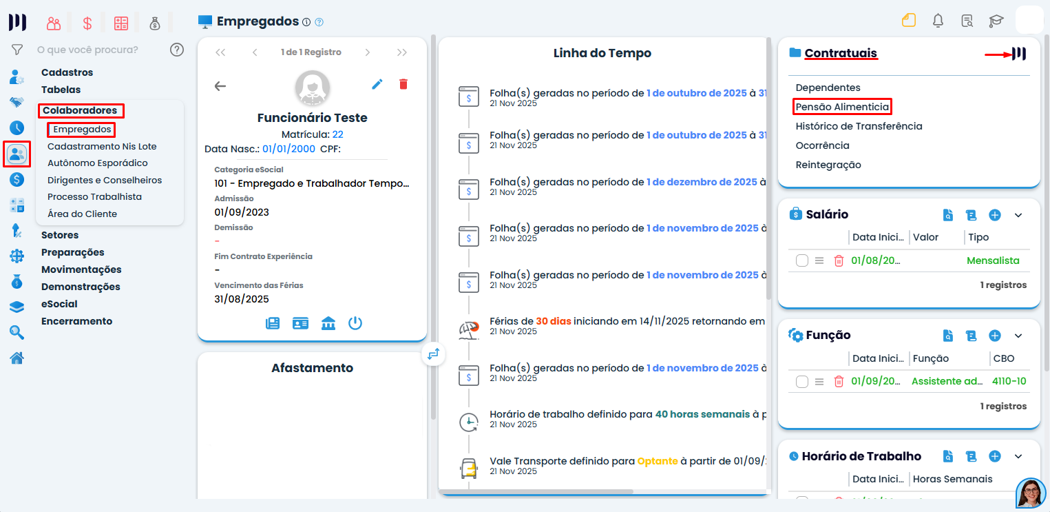 Tela do Sistema Contábil Makro com menu de colaboradores destacando acesso à pensão alimentícia no cadastro do empregado para configuração correta