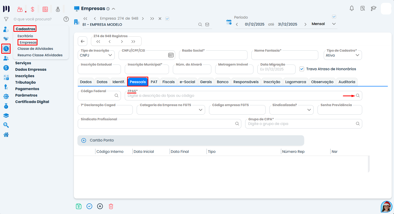 Tela do Sistema Contábil Makro na aba Empresas, destacando menu Cadastros e campo FPAS para cadastrar produtor rural corretamente