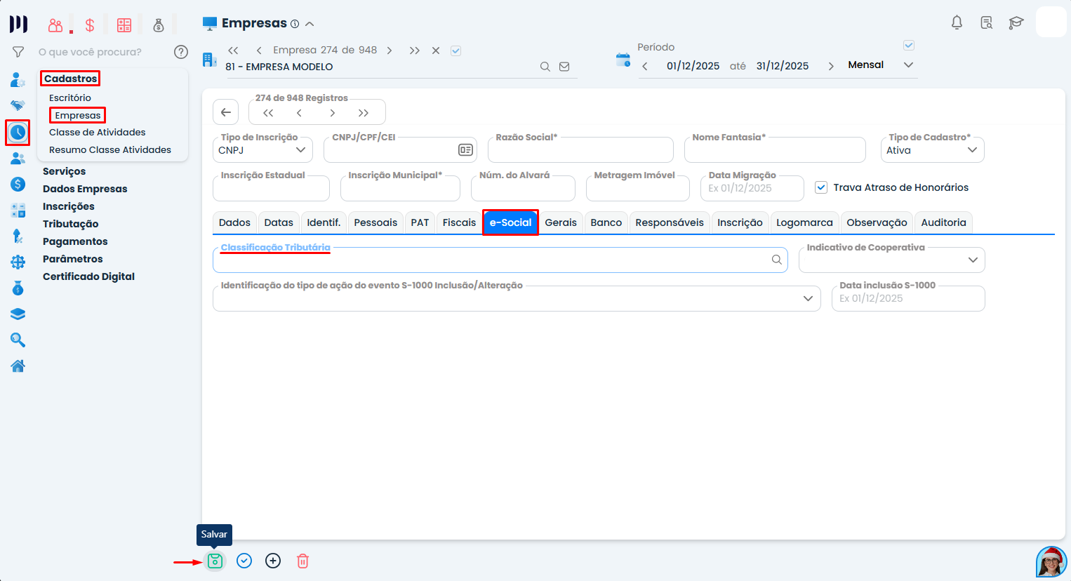 Interface do Sistema Contábil Makro na aba eSocial com campo classificação tributária em destaque para cadastrar produtor rural