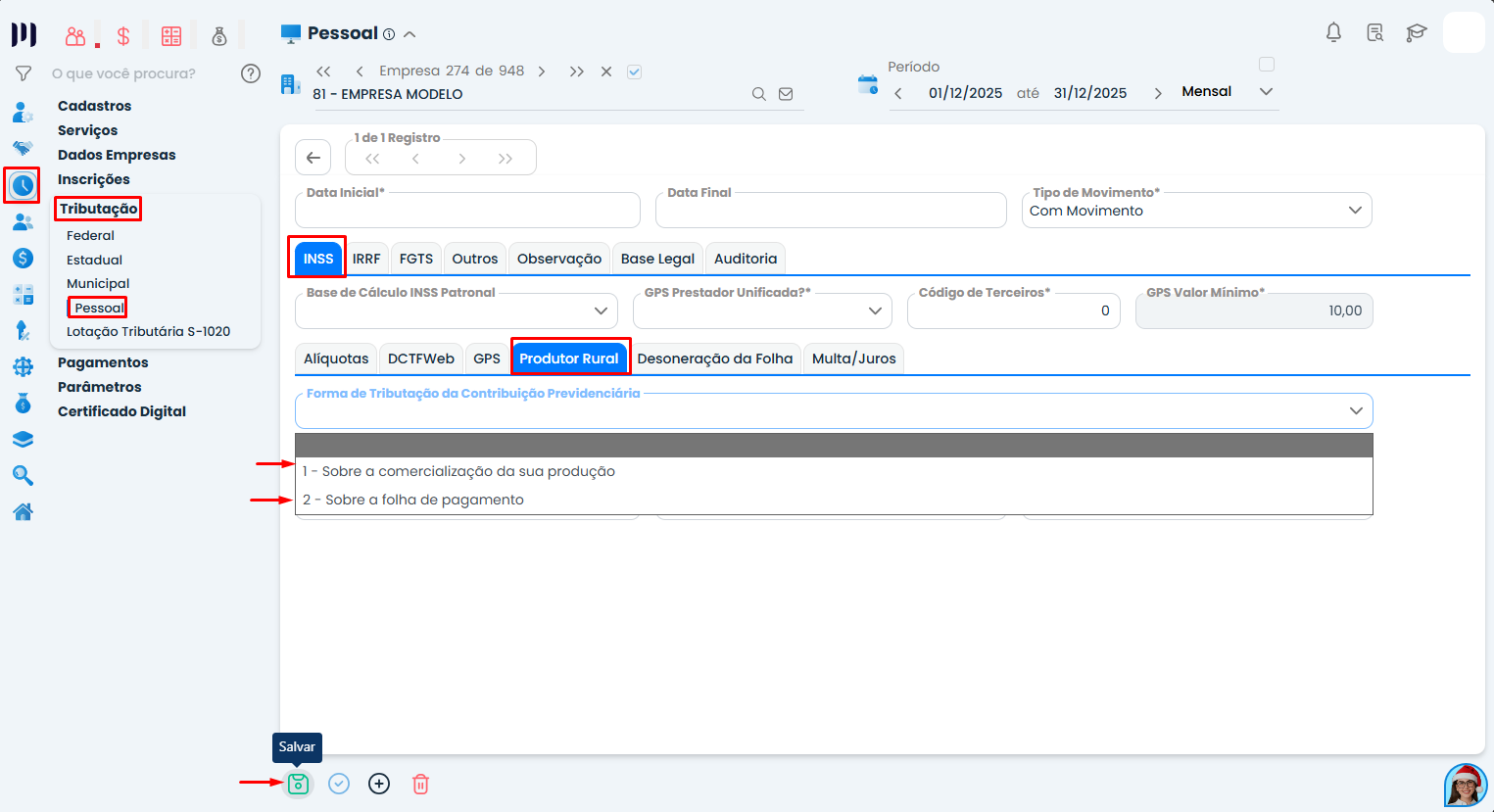 Tela do Sistema Contábil Makro em Tributação Pessoal com aba INSS e opção produtor rural para definir forma de tributação