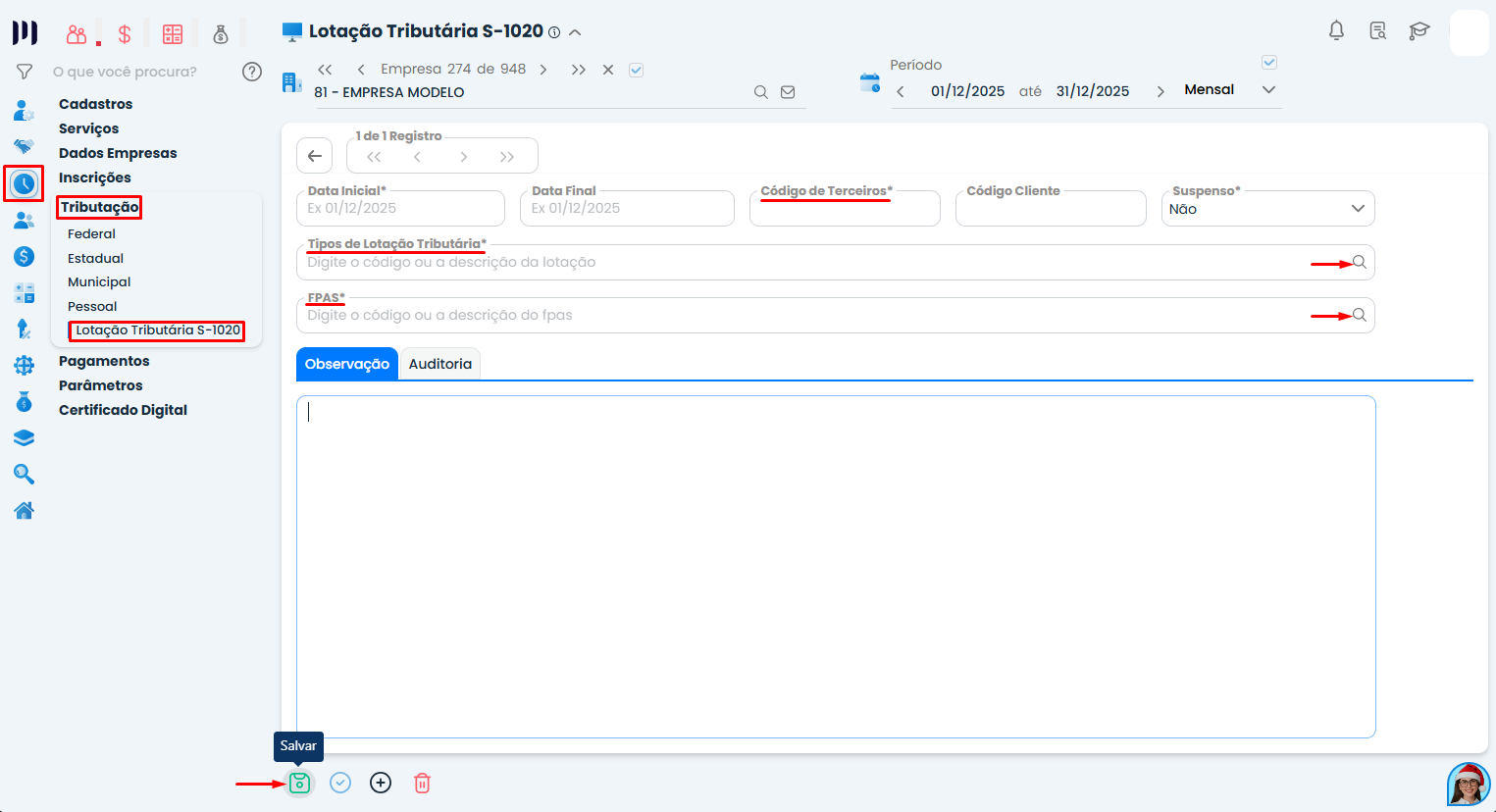 Tela do Sistema Contábil Makro em Lotação Tributária S-1020 com campos FPAS e códigos para cadastrar produtor rural corretamente
