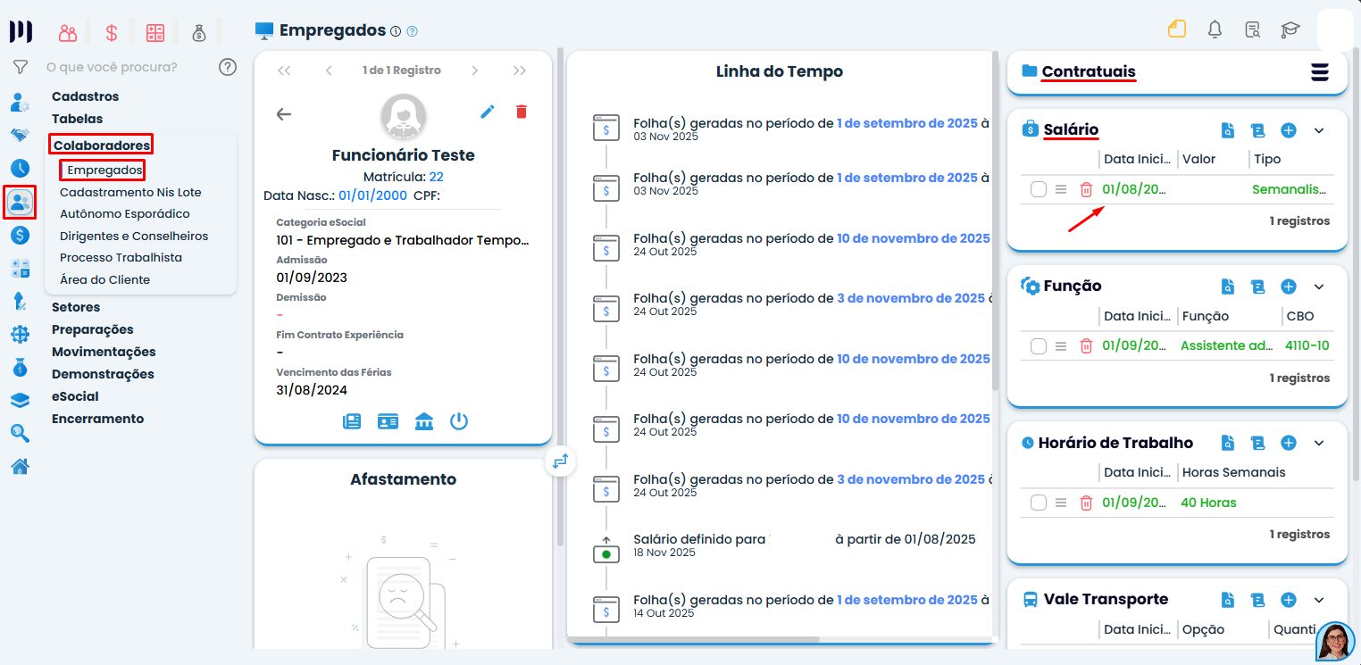 Tela do Sistema Contábil Makro na aba empregados com opção salário destacada para configurar salário semanalista no cadastro do colaborador