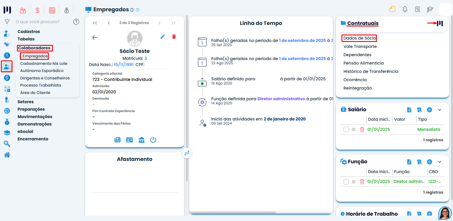 Painel de empregado no Sistema Contábil Makro com aba contratuais aberta e opção Dados de Sócio destacada no processo de Cadastro de Sócio