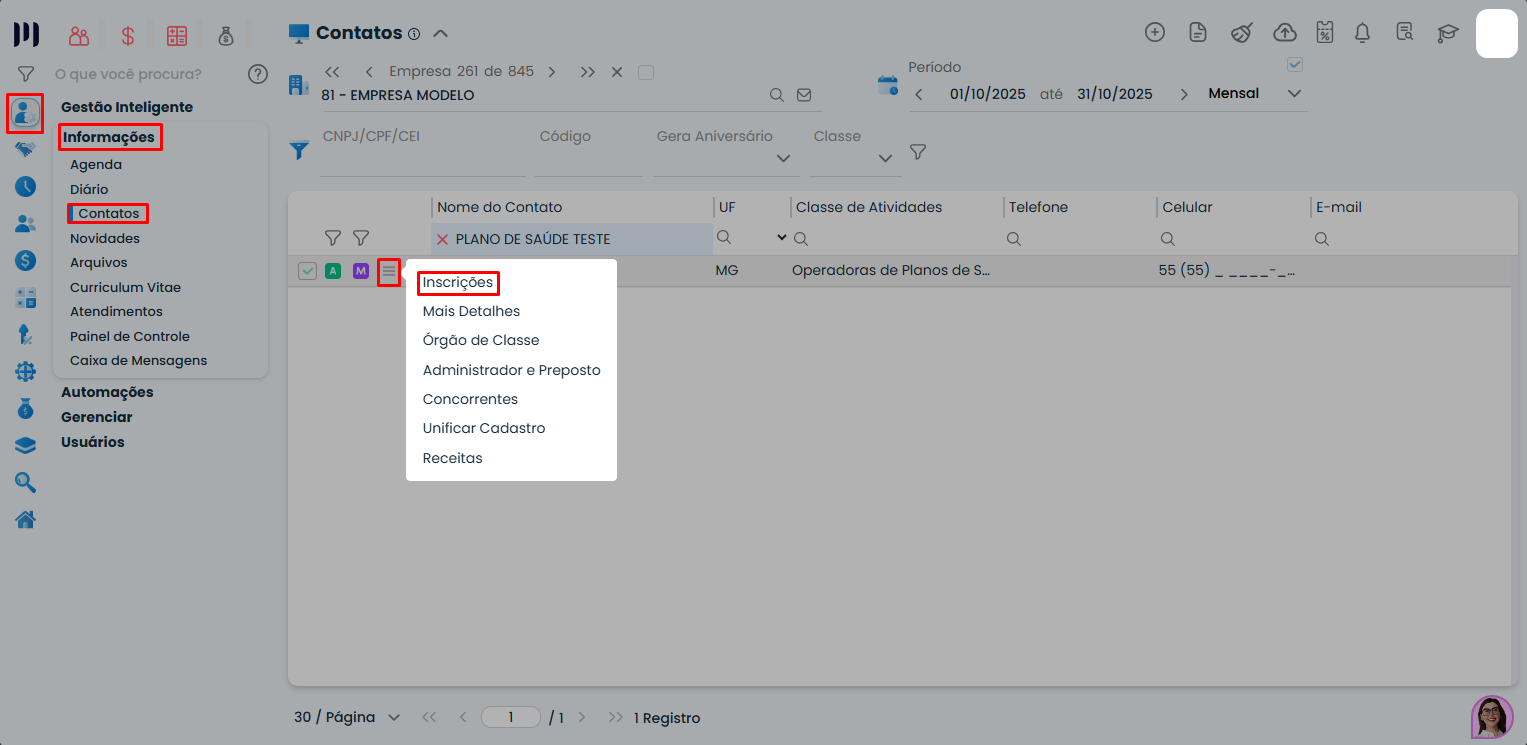 Tela do Sistema Contábil Makro exibindo menu Informações e opção Inscrições para cadastro de plano de saúde eSocial com destaque na navegação lateral