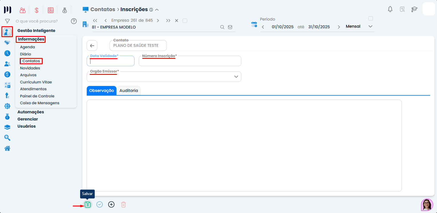 Tela de cadastro no Sistema Contábil Makro com campos de inscrição ANS para plano de saúde eSocial incluindo número, órgão emissor e botão salvar