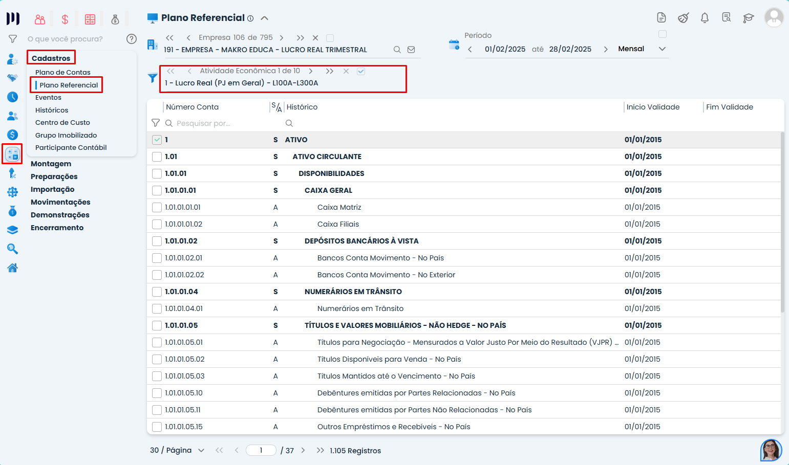 Tela do Sistema Contábil Makro exibindo o menu Plano Referencial com seleção de atividade econômica para conferência de Links Referenciais