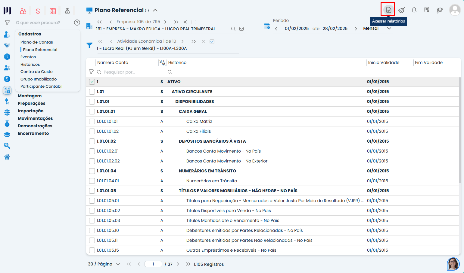 Interface do Sistema Contábil Makro destacando o botão de relatórios para análise de Links Referenciais no plano de contas contábil