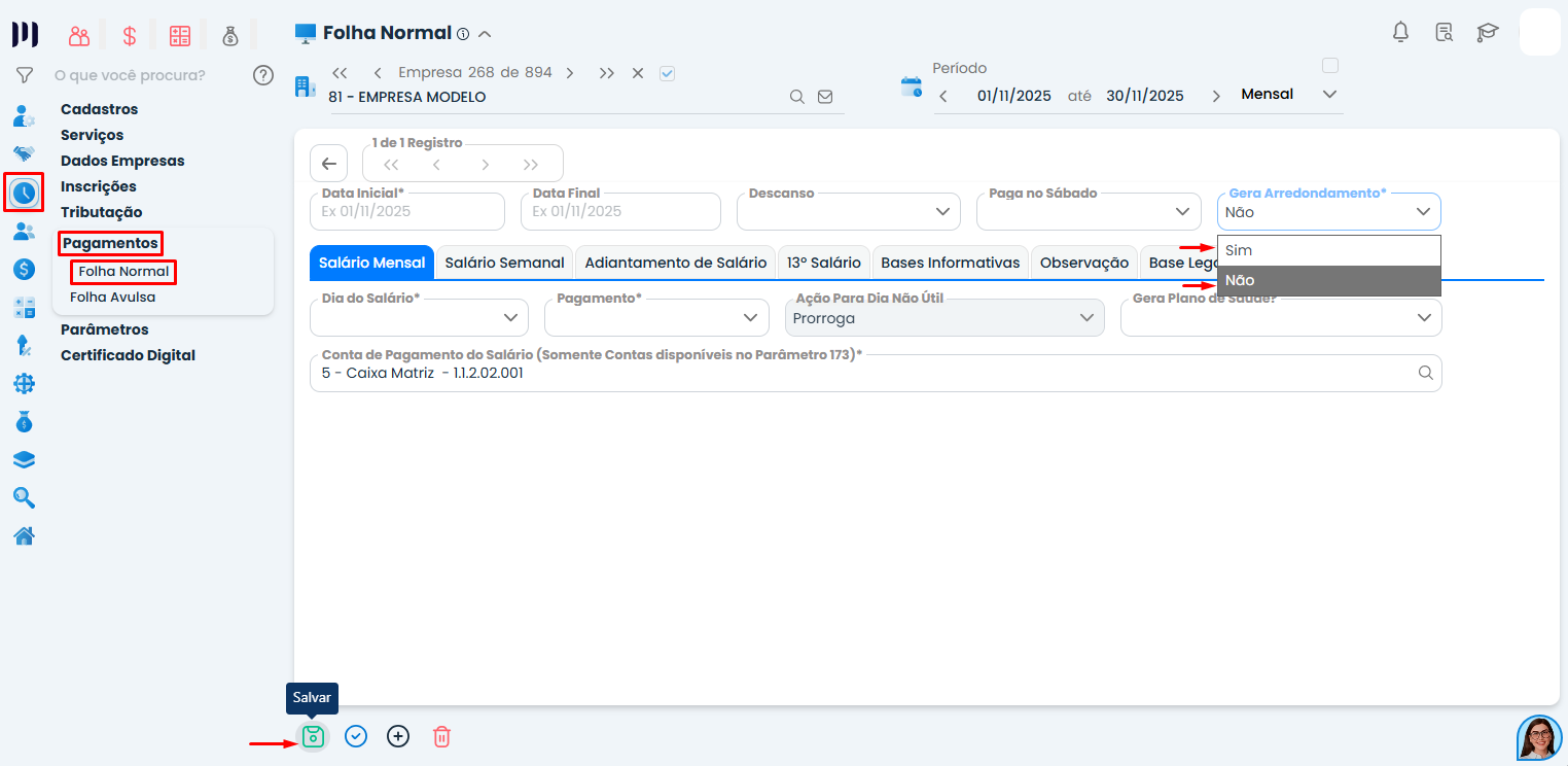 Tela do Sistema Contábil Makro exibindo configuração de arredondamento na folha de pagamento com opção selecionável entre sim e não no campo específico