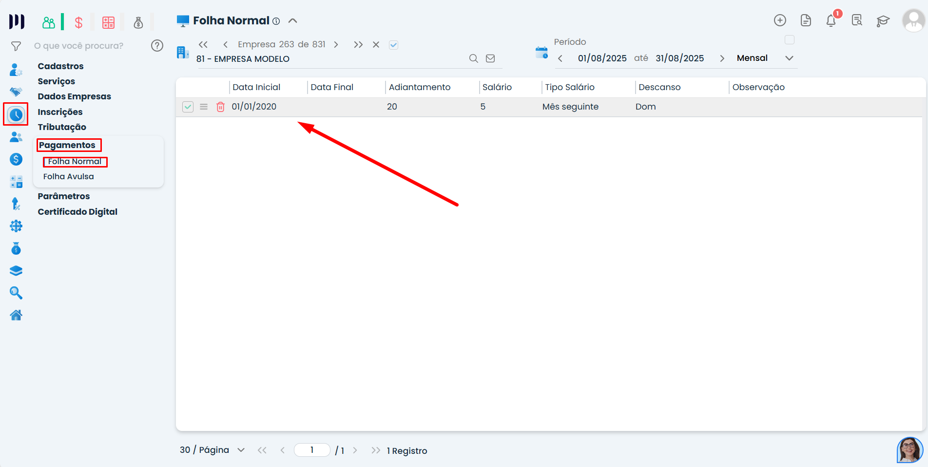 Tela do Sistema Contábil Makro exibindo menu Pagamentos e opção Folha Normal para configurar data de pagamento da folha no sistema com seleção de período