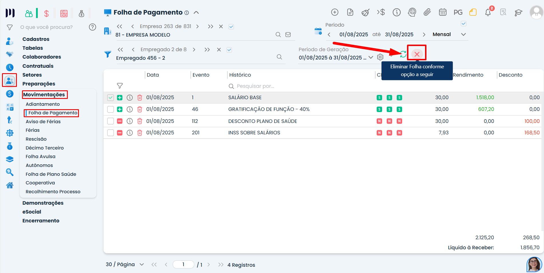 Tela do Sistema Contábil Makro na folha de pagamento com opção de excluir registros para refazer cálculo após ajuste na data de pagamento da folha no sistema